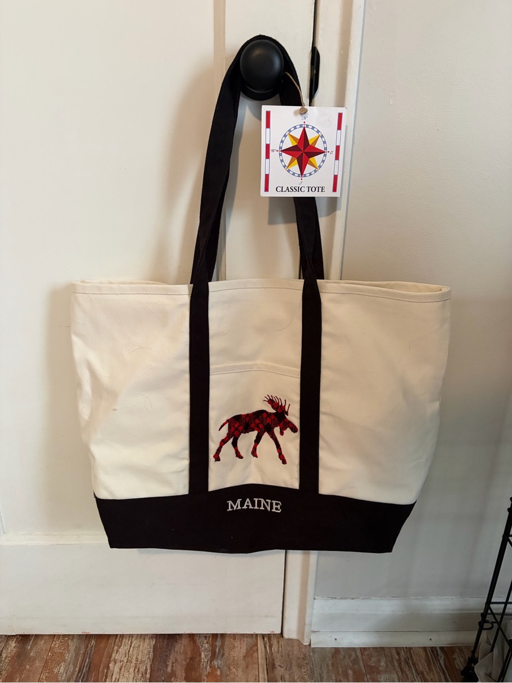 Maine Canvas Tote Bag with Plaid Moose - Black & Cream